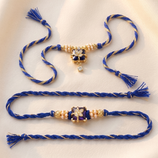 Royal Sapphire Floral Rakhi & Royal Sapphire Floral Lumba Rakhi Set of 2