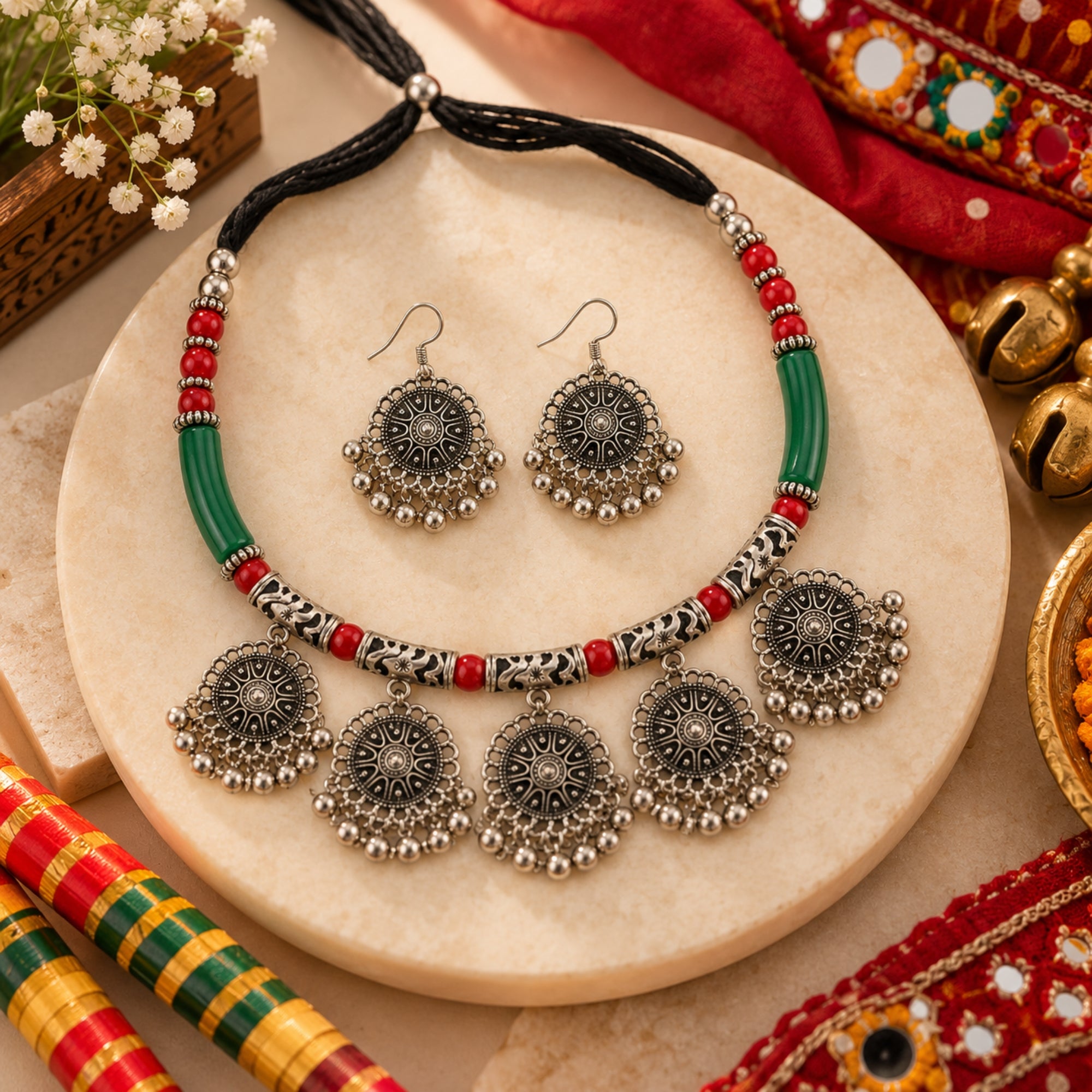 Phool Mala Green Oxidised Necklace Set