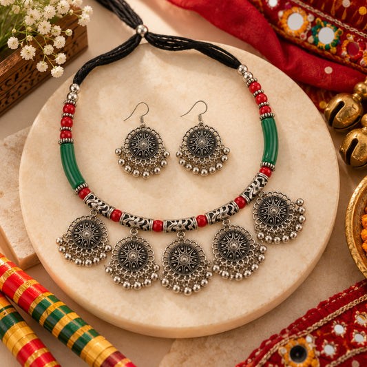 Phool Mala Green Oxidised Necklace Set