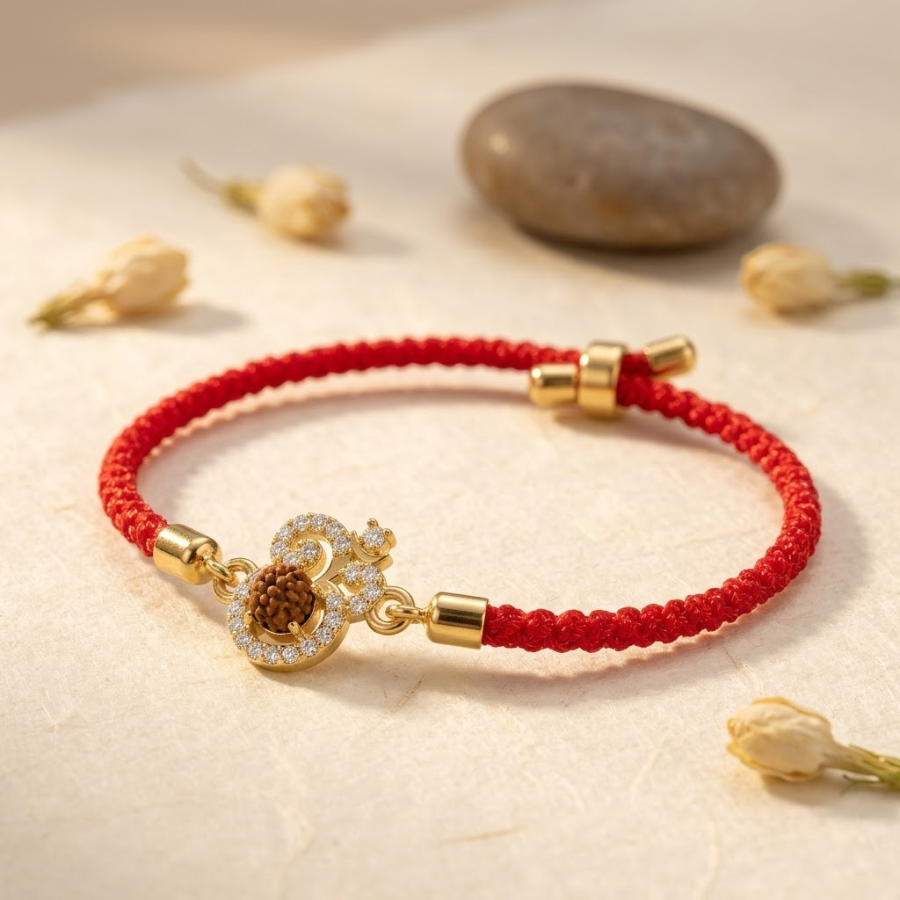 Premium Rudraksha Om Bracelet Rakhi (Red)
