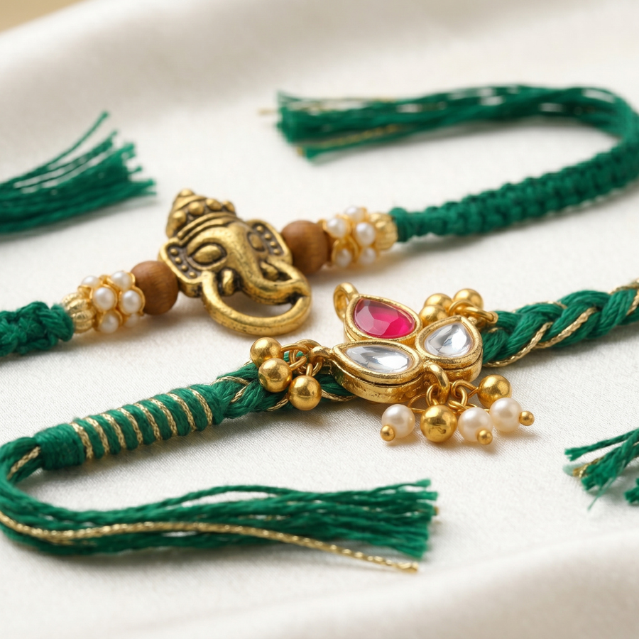 Ganesha & Emerald Kundan Rakhi Set of 2
