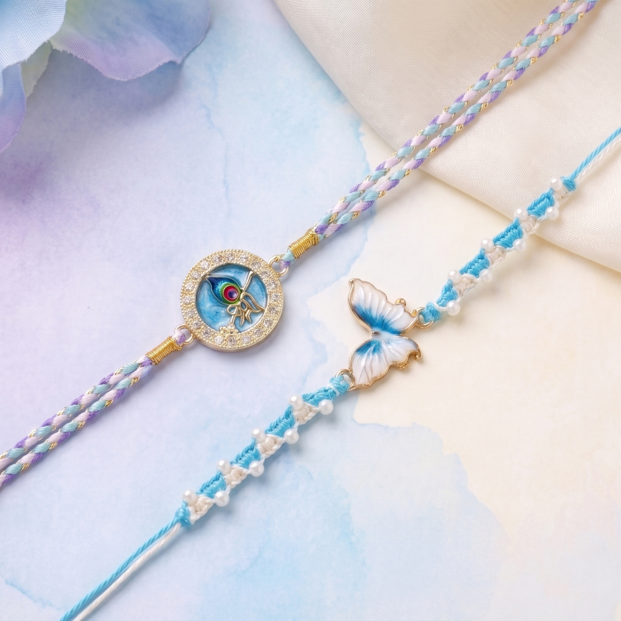 Sky Blue Butterfly Pearl Rakhi & Krishna Mor Pankh Designer Rakhi Set of 2