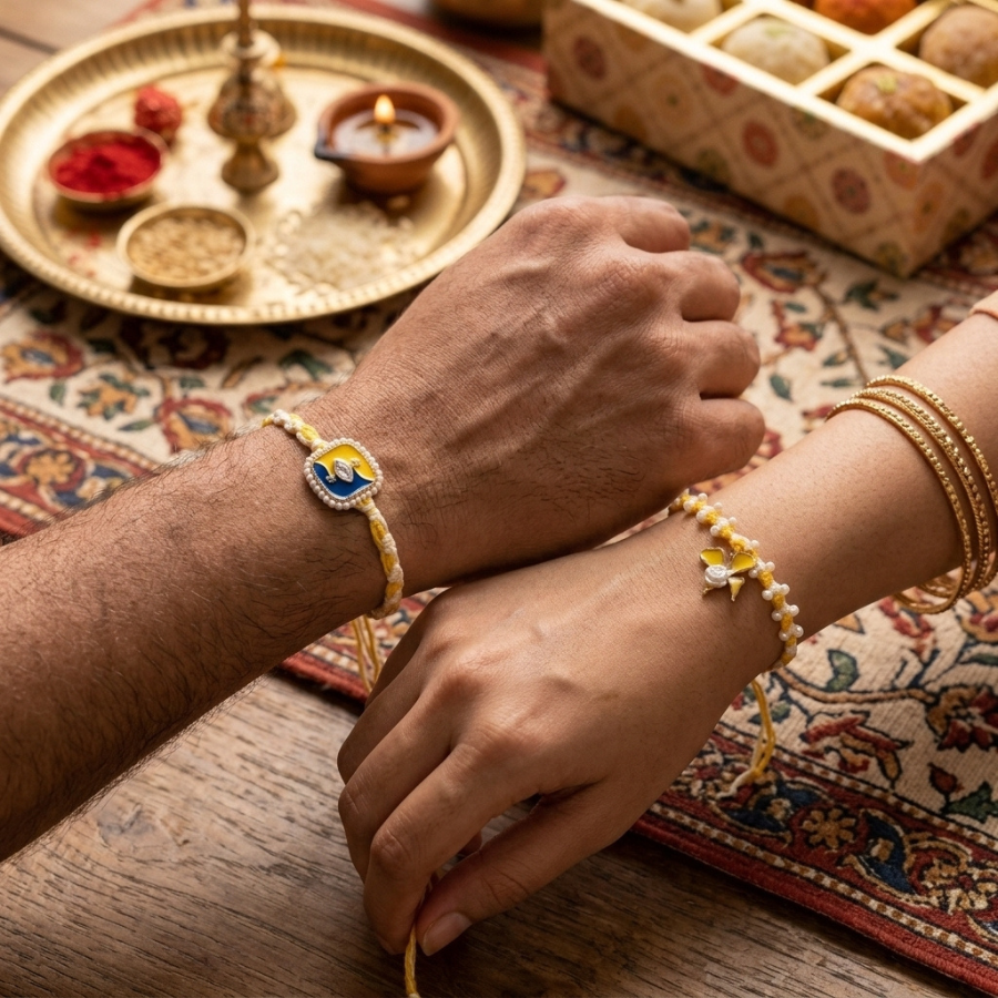 Blue Yellow Crystal Rakhi & Sunshine Blossom Lumba Rakhi Set of 2
