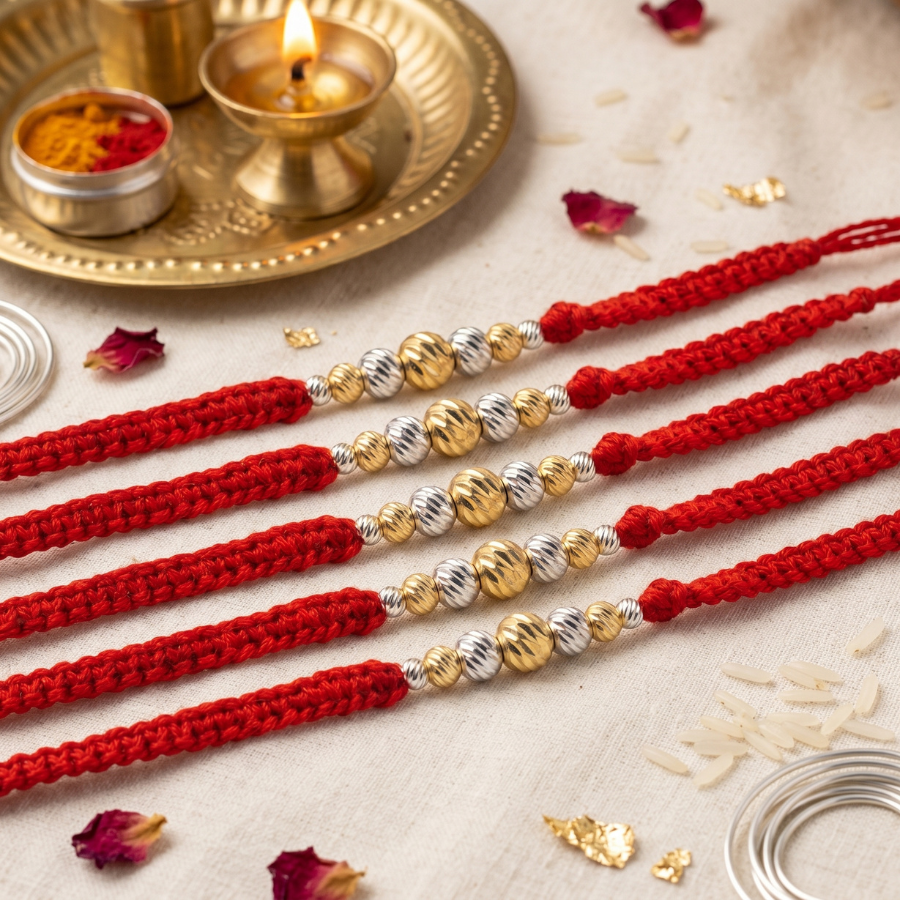 Golden Silver Bead Rakhi Combo (Set of 5)