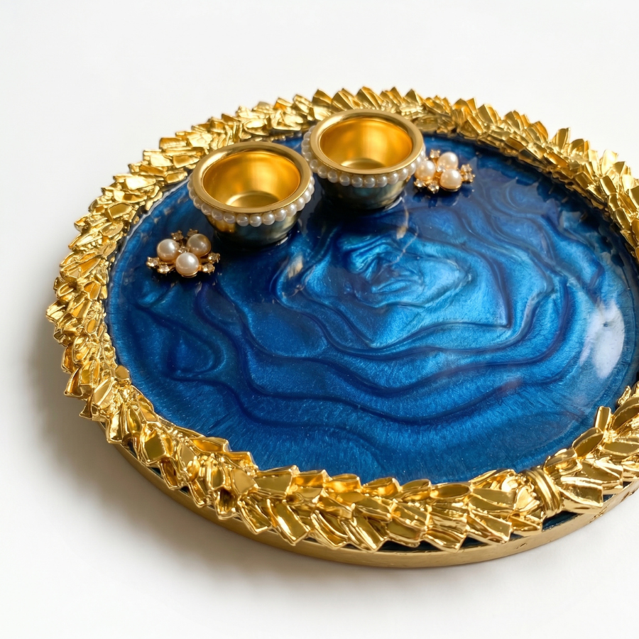 Sapphire Ocean Marble Resin Pooja Thali
