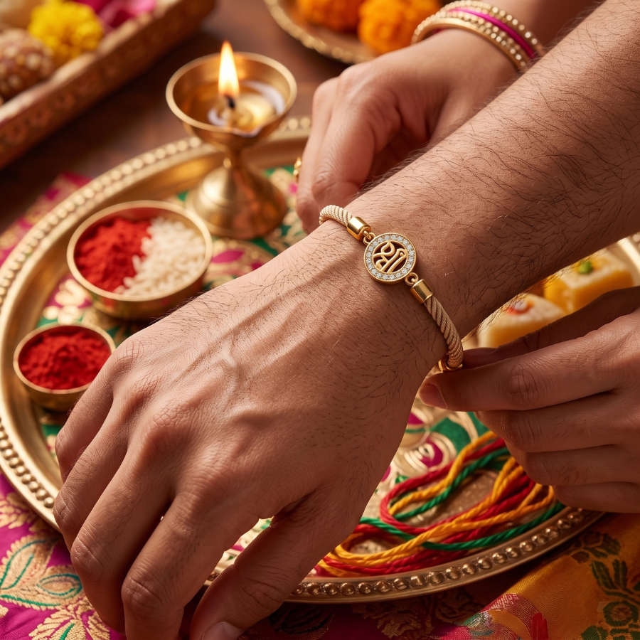 Golden Om Crystal Adjustable Rakhi Bracelet