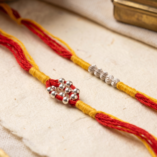 925 Silver Spacer Bead Rakhi & 925 Silver Beaded Floral Rakhi Set of 2