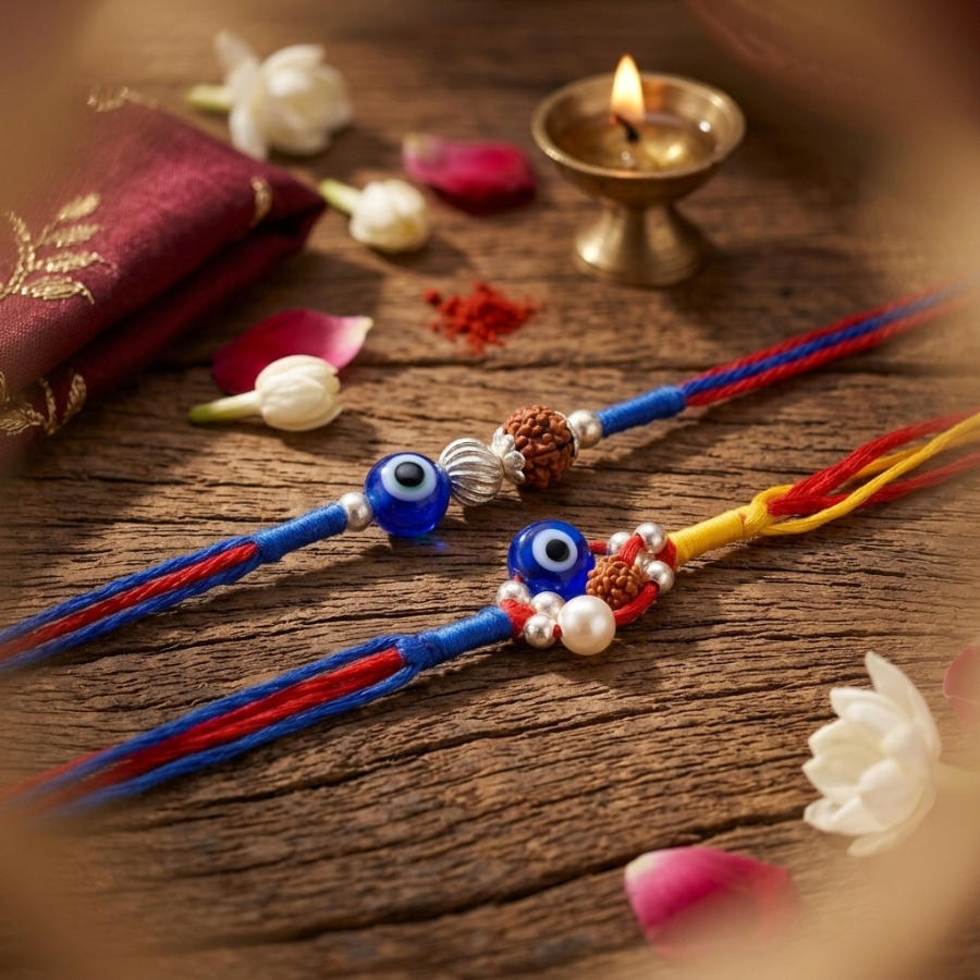925 Silver Evil Eye Rudraksha Rakhi & 925 Silver Evil Eye Pearl & Rudraksha Rakhi Set of 2