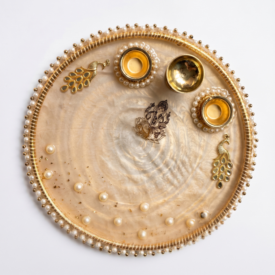 Champagne Pearl Ganesha Resin Pooja Thali