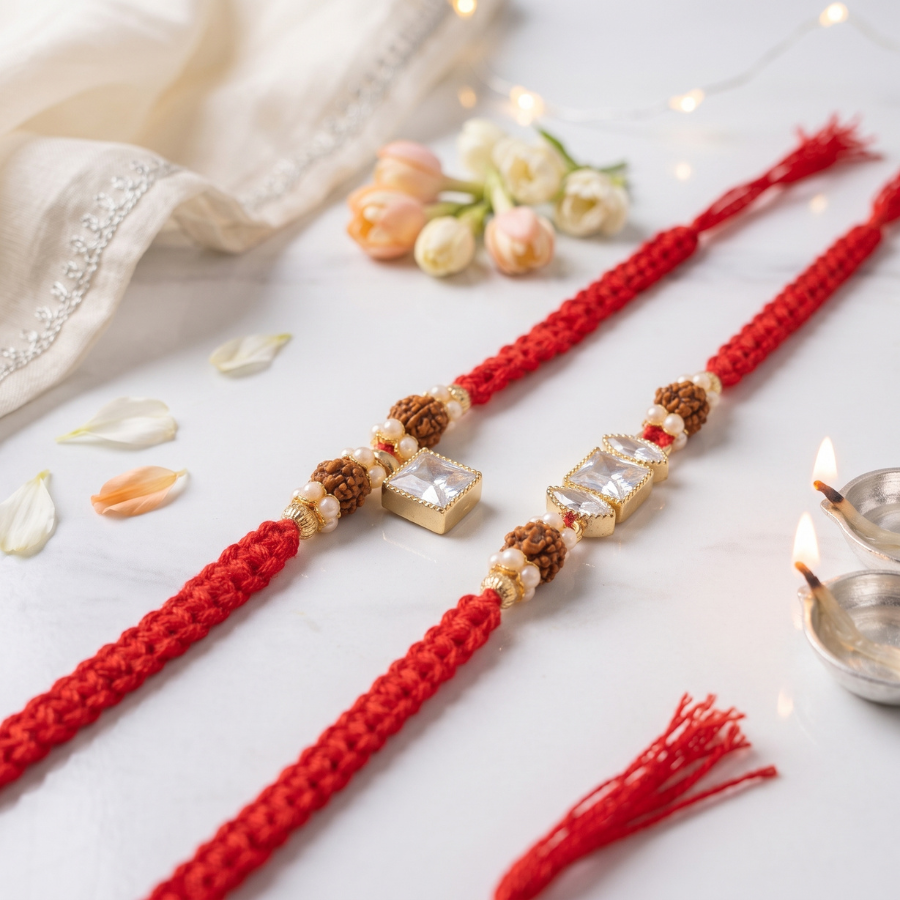 Crystal Grace Rudraksha Rakhi & Rudraksha Crystal Pearl Rakhi Set of 2