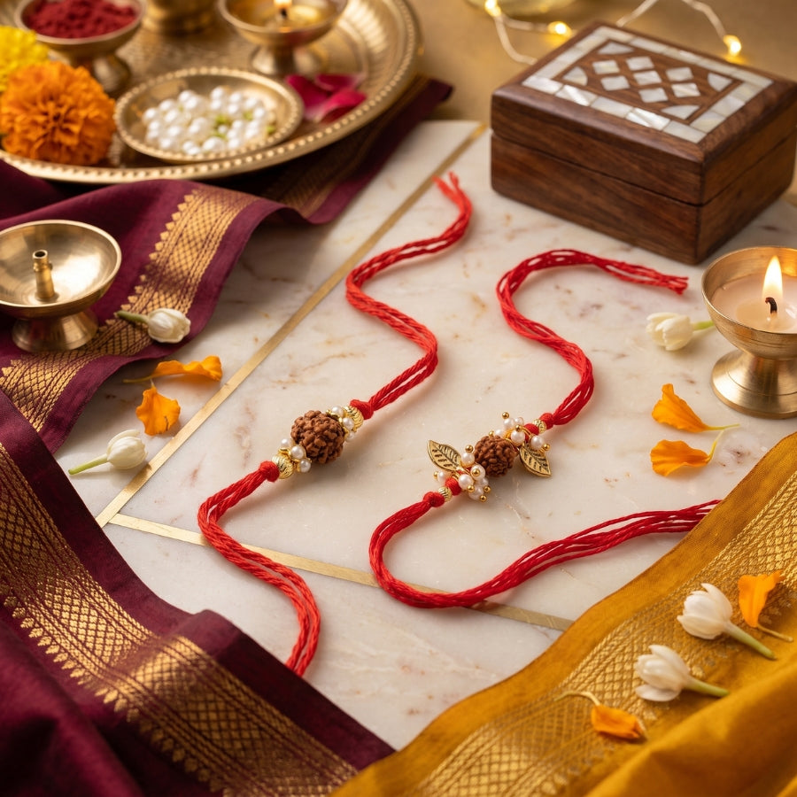 Ekmukhi Rudraksha Rakhi & Rudraksha Pearl Leaf Designer Rakhi Set of 2