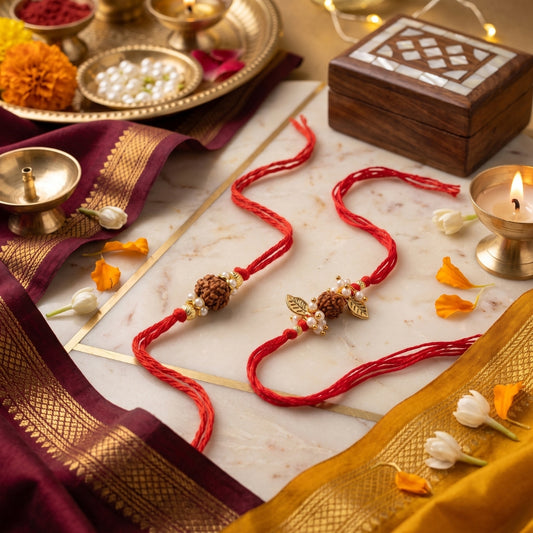 Ekmukhi Rudraksha Rakhi & Rudraksha Pearl Leaf Designer Rakhi Set of 2