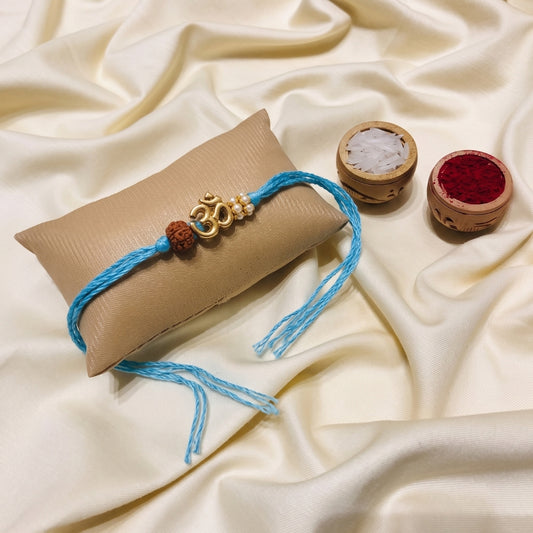 Om Rudraksha Pearl Rakhi Sky Blue