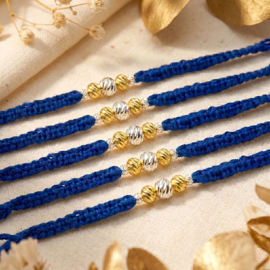 Blue Gold Silver Bead Rakhi Combo (Set of 5)