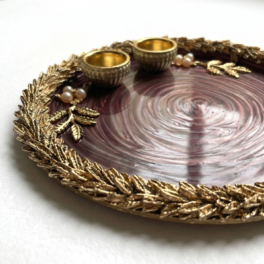 Royal Plum Marble Resin Pooja Thali