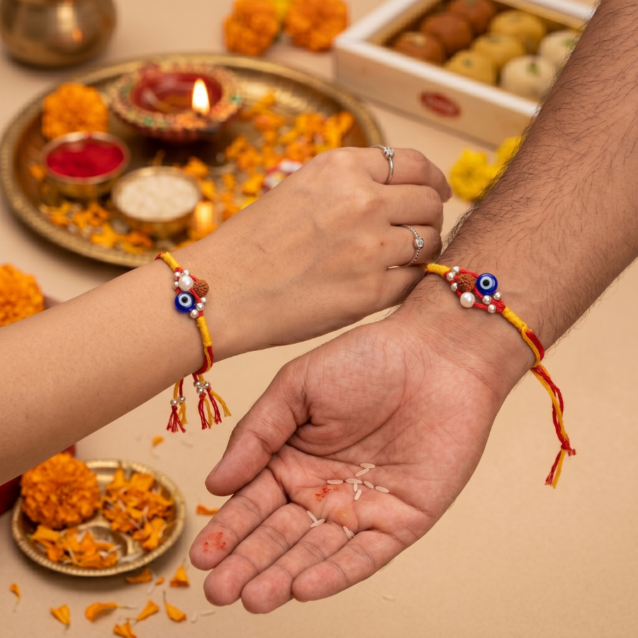 Evil Eye Rudraksha Rakhi Combo Set of 2