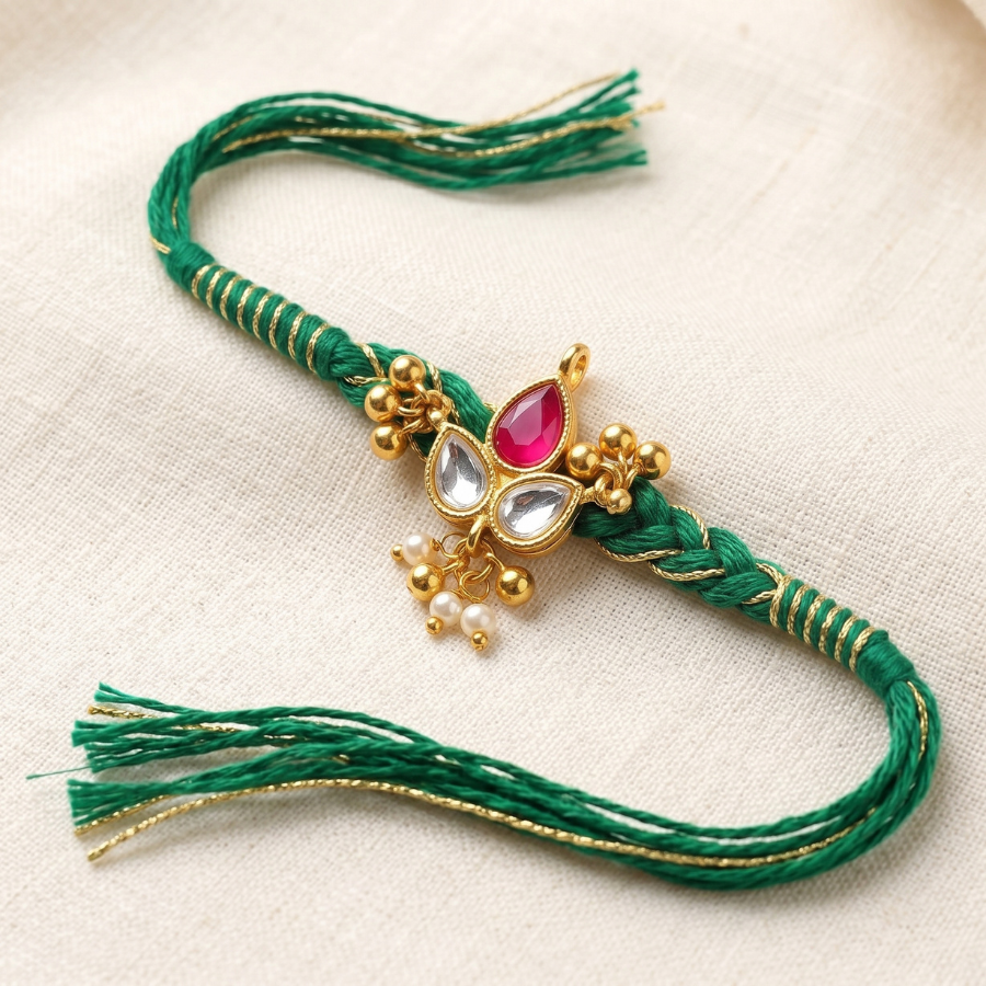 Green Kundan Pearl Rakhi