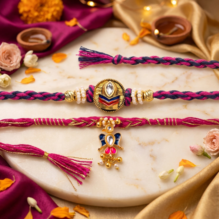 Tricolor Pearl Rakhi & Butterfly Kundan Rakhi Set of 2