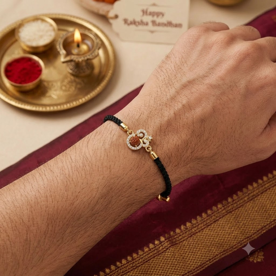 Premium Rudraksha Om Bracelet Rakhi (Black)
