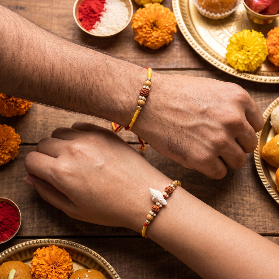 Natural Shell Rudraksha Rakhi & Rudraksha Harmony Rakhi Set of 2