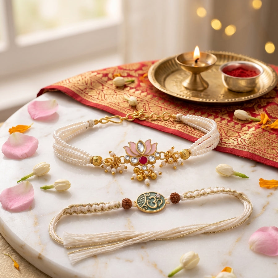 Divine Lotus Bracelet & Om Rakhi Set of 2