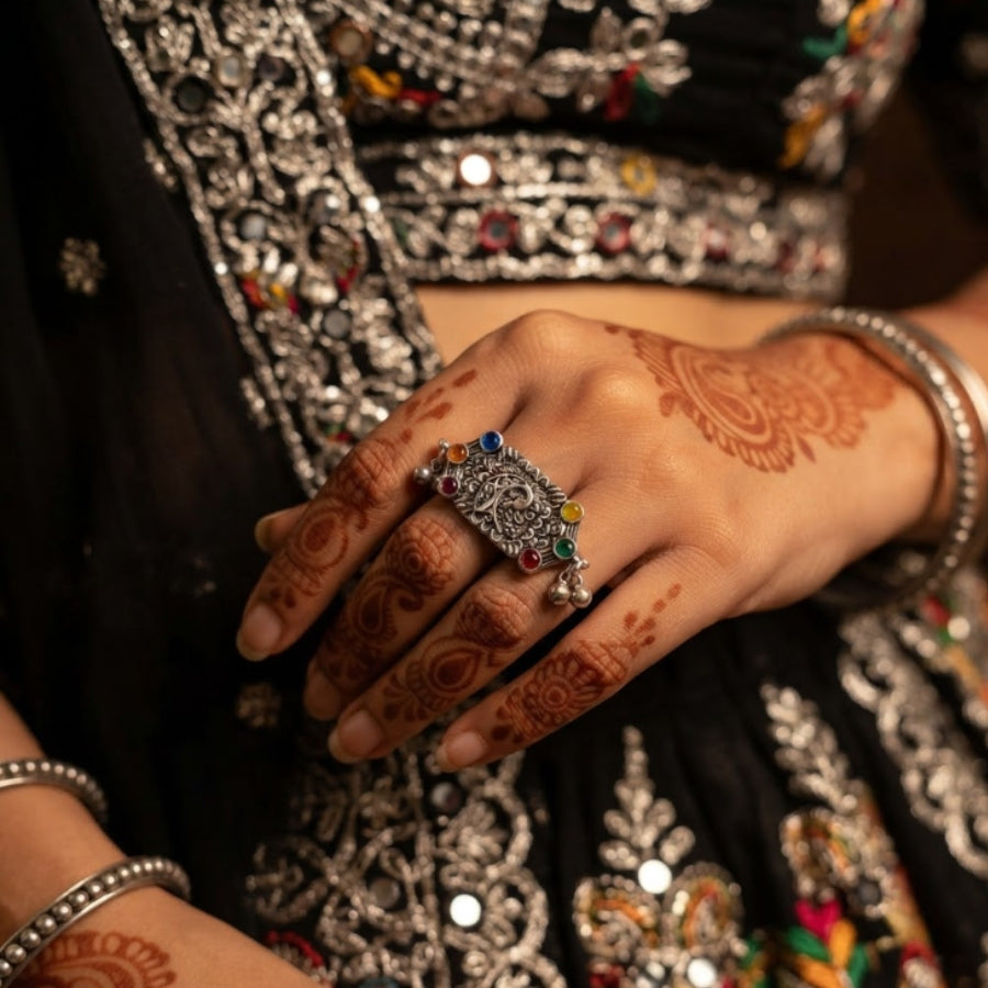 Rangilo Mor Oxidised Statement Ring
