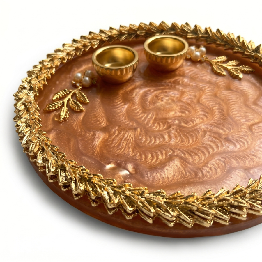 Rose Gold Feather Marble Resin Pooja Thali
