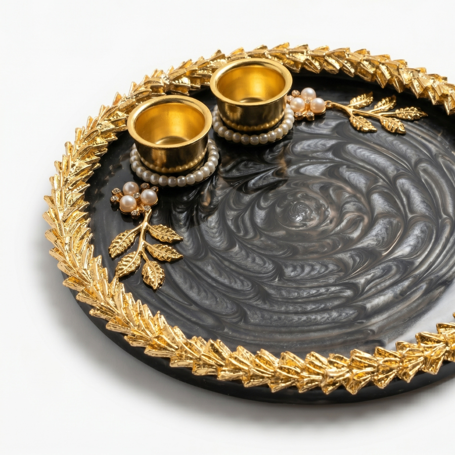 Midnight Black Leaf Resin Pooja Thali
