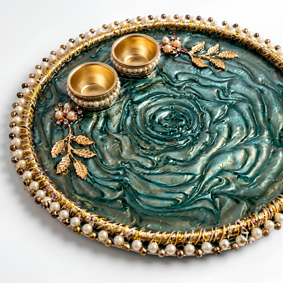Emerald Swirl Resin Pooja Thali