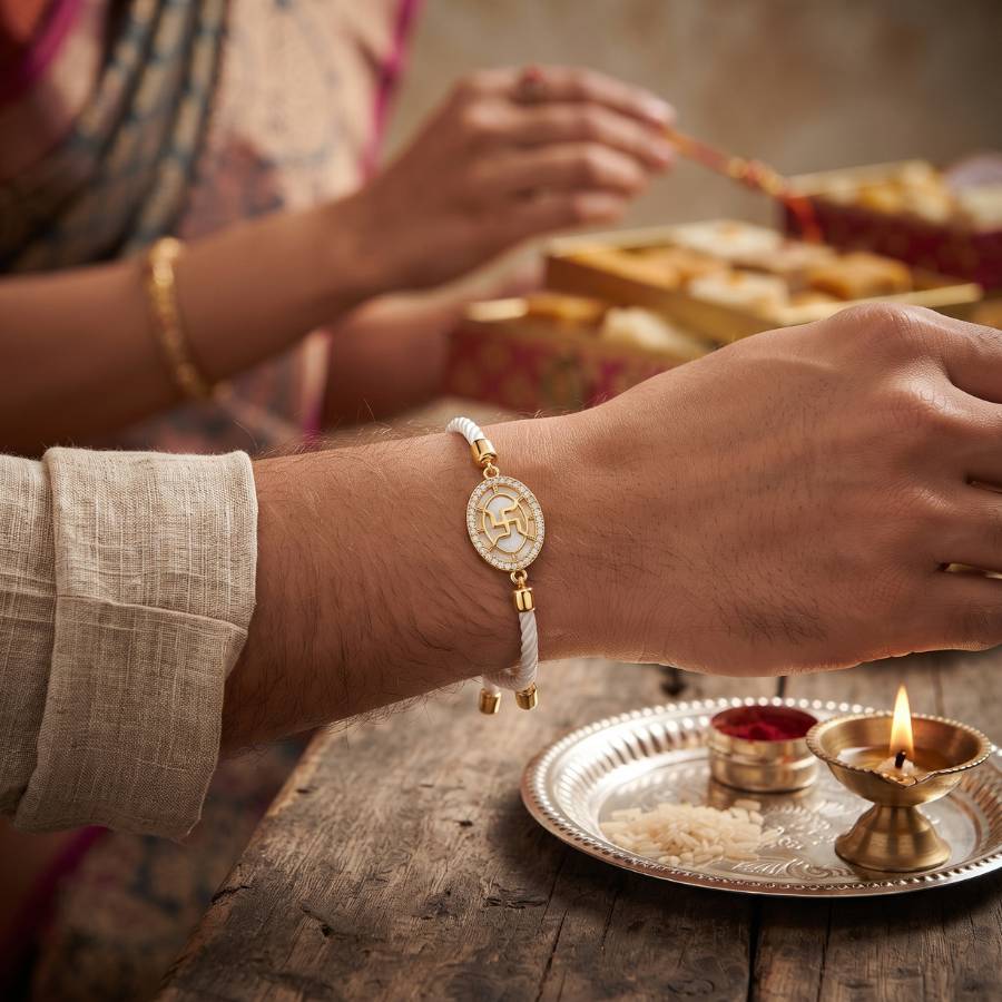 White Swastik Crystal Adjustable Rakhi Bracelet