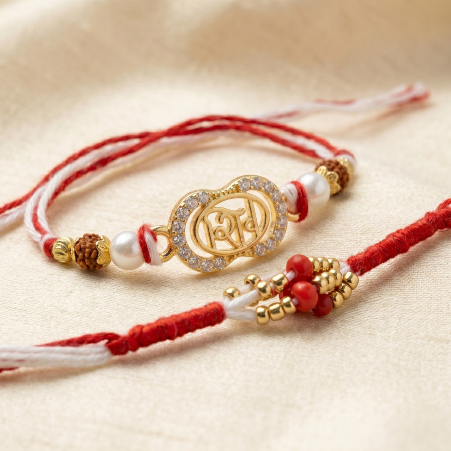 Traditional Red Bead & Shiv Pearl Rudraksha Rakhi Set of 2