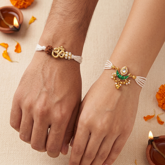 Divine Om Rudraksha Rakhi & Emerald Pearl Chand Lumba Rakhi Set of 2
