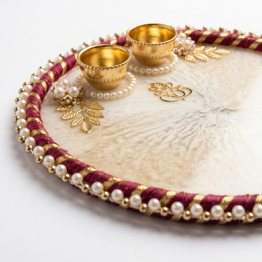 Ivory Marble Ganesha Resin Pooja Thali