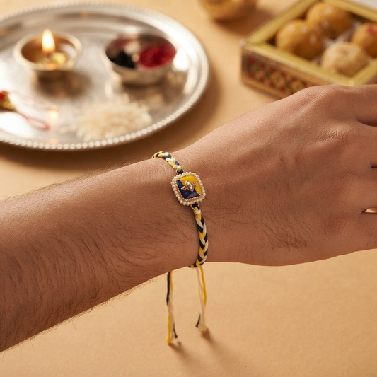 Blue Yellow Crystal Braided Rakhi