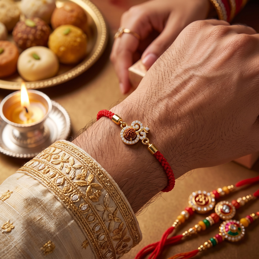 Premium Rudraksha Om Bracelet Rakhi (Red)