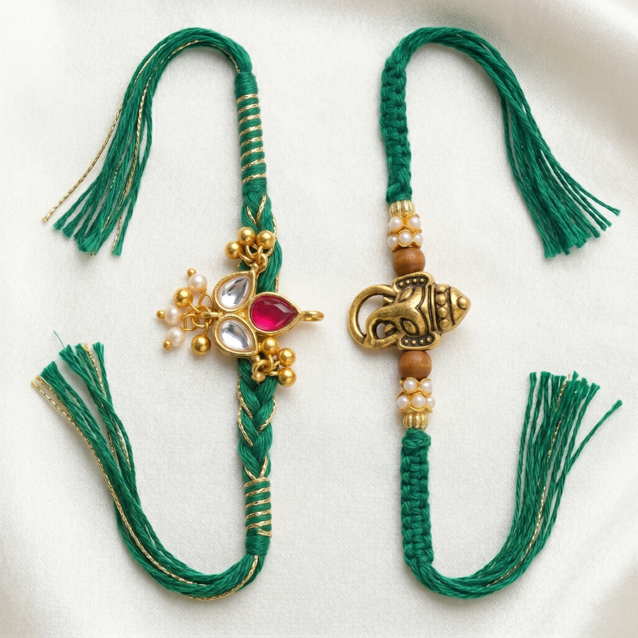Ganesha & Emerald Kundan Rakhi Set of 2