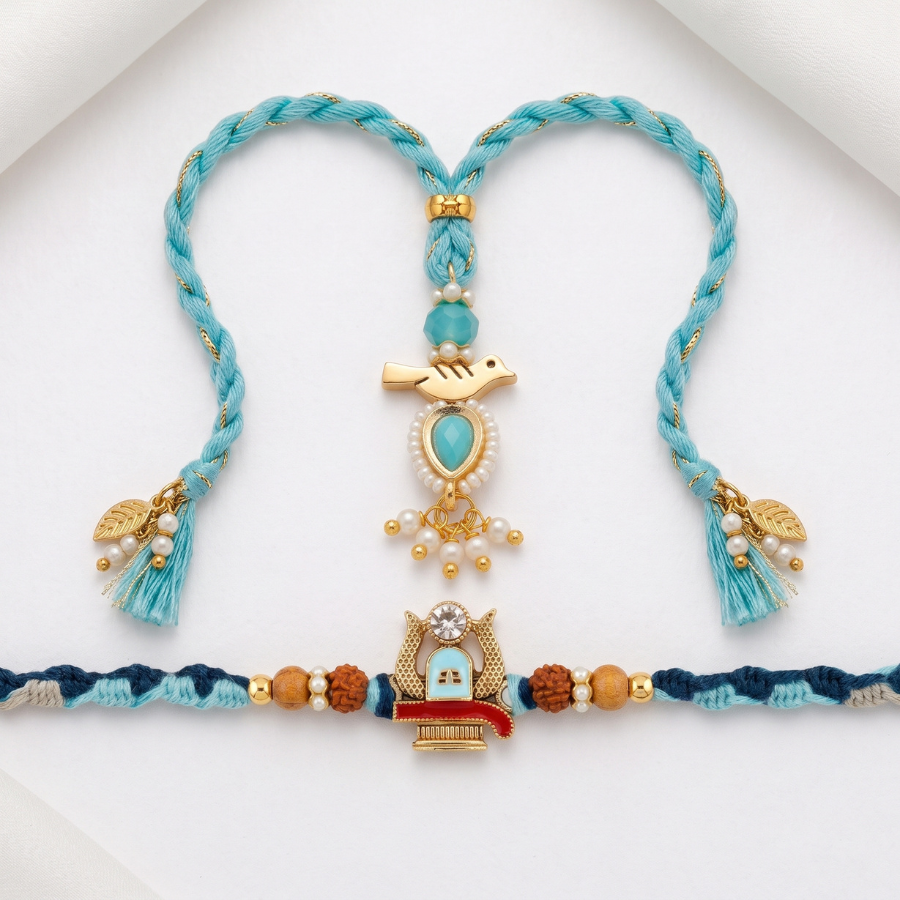 Rudraksha Temple & Aqua Bird Charm Designer Lumba Rakhi Set of 2