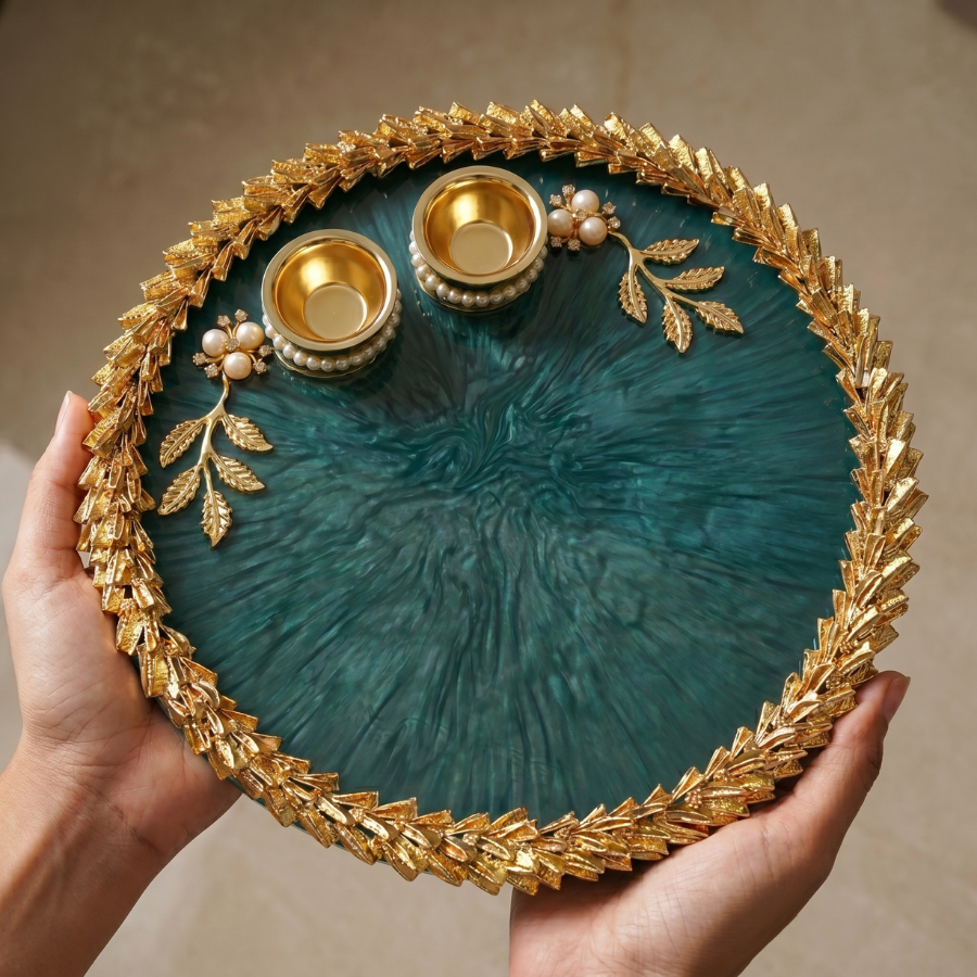 Emerald Luxe Leaf Resin Pooja Thali