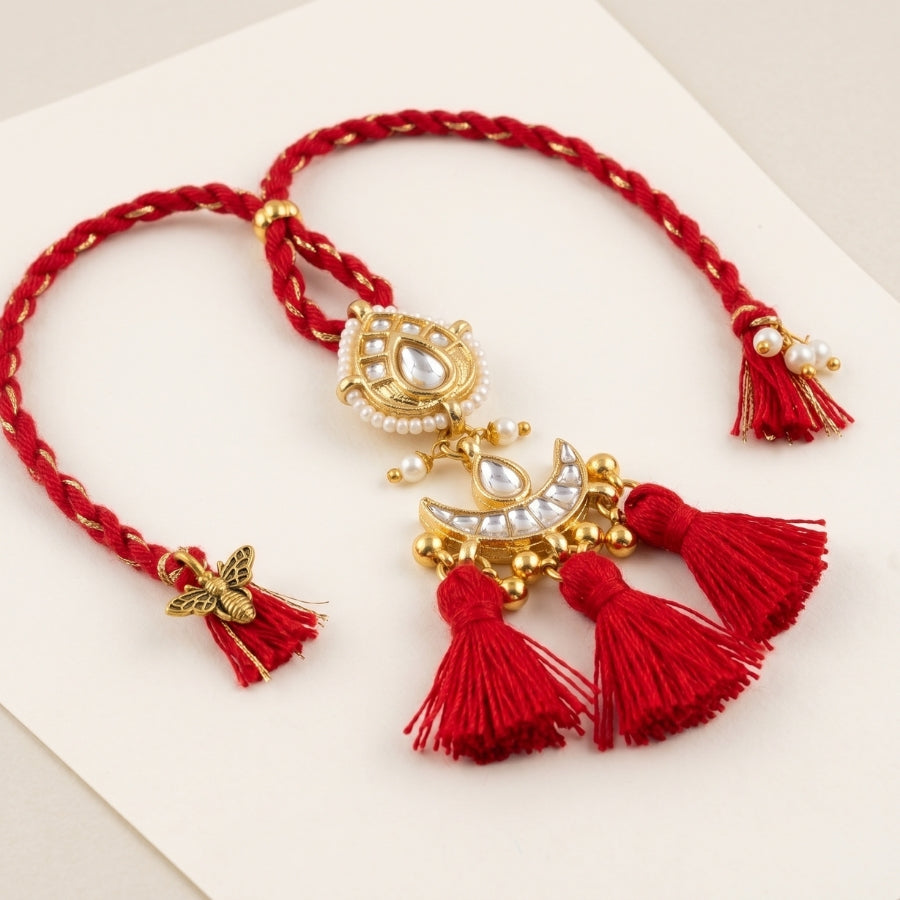 Royal Kundan Triple Tassel Designer Lumba Rakhi