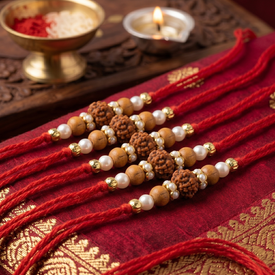 Sandalwood Rudraksha Pearl Rakhi Combo (Set of 5)