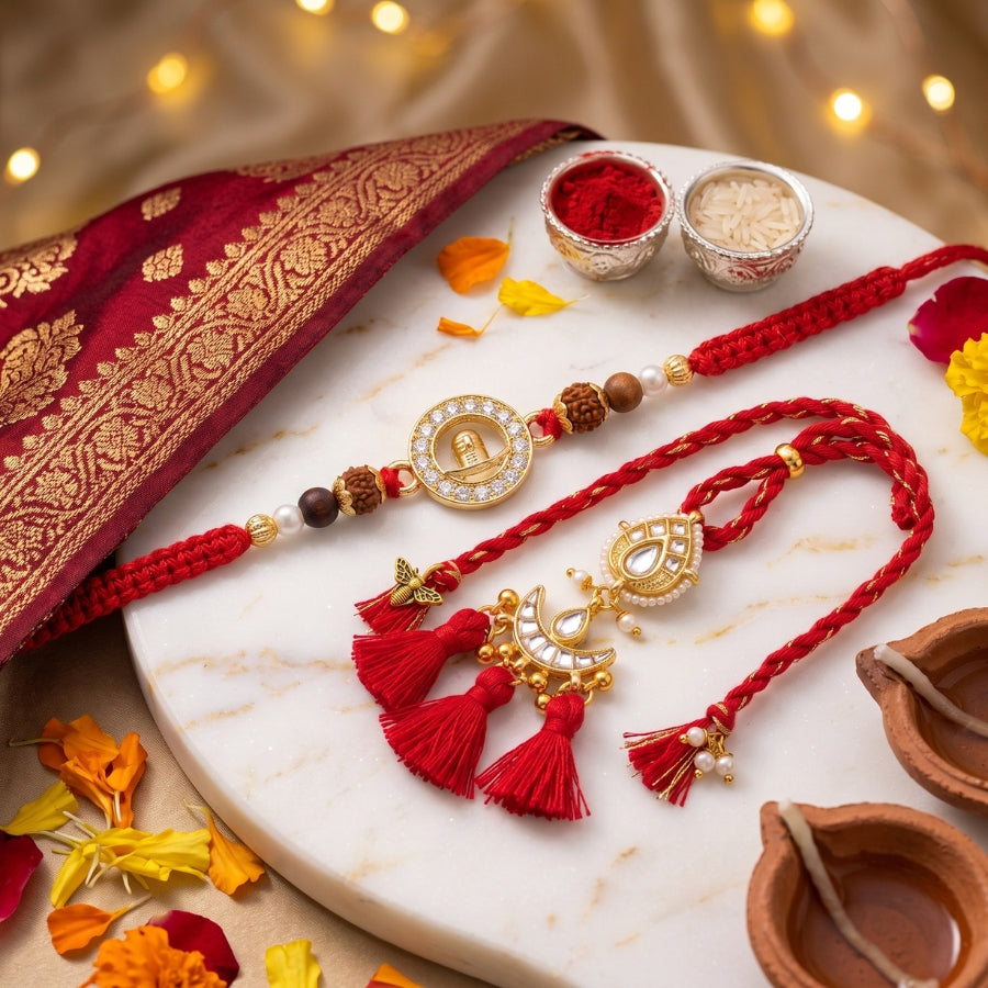 Shivling Divine Rudraksha & Royal Kundan Triple Tassel Designer Lumba Rakhi Set of 2