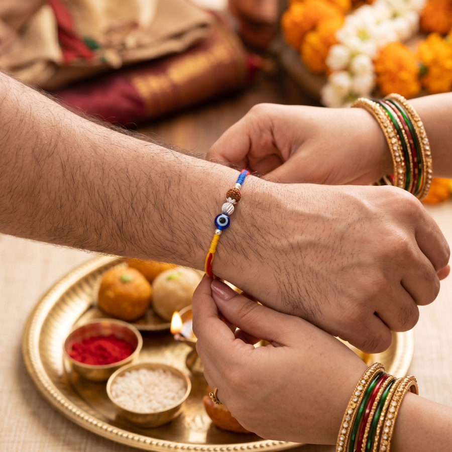 925 Silver Evil Eye Rudraksha Rakhi