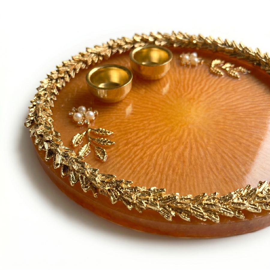 Sunset Amber Leaf Resin Pooja Thali