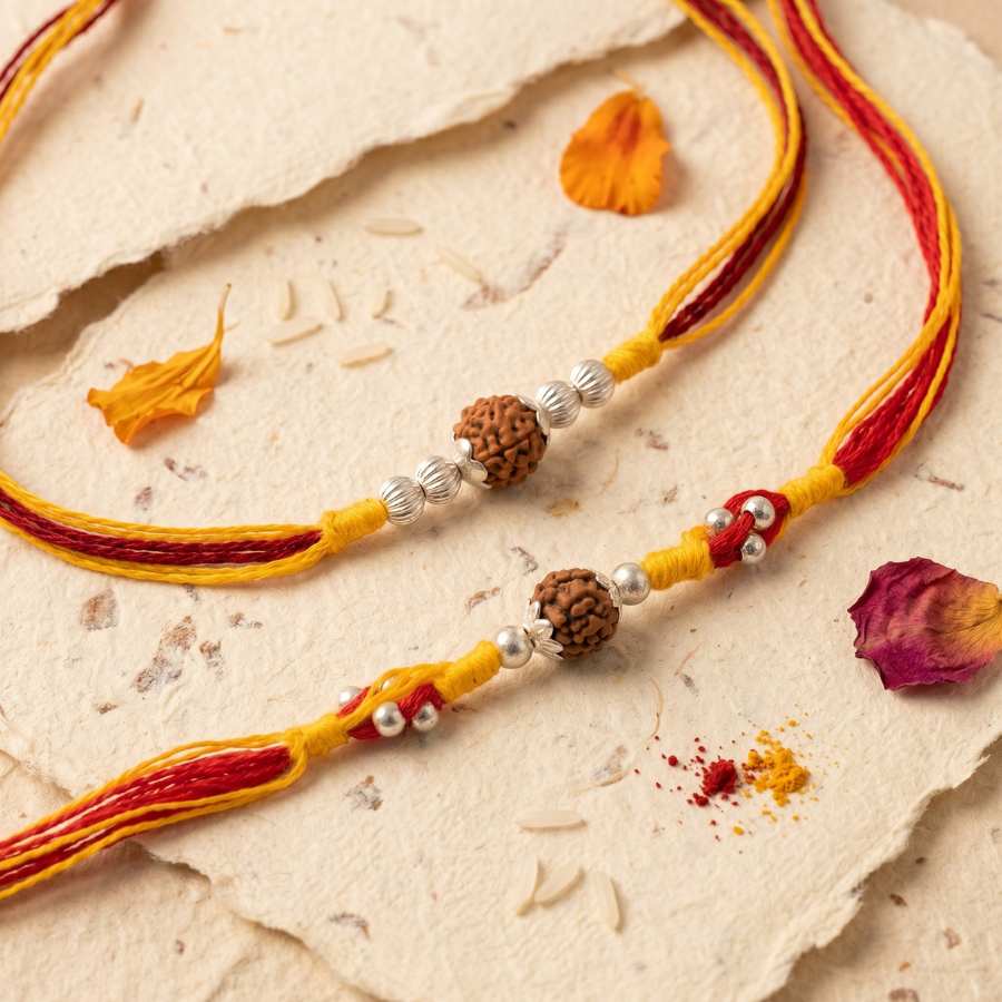 Rudraksha Silver Bead Rakhi Combo Set of 2