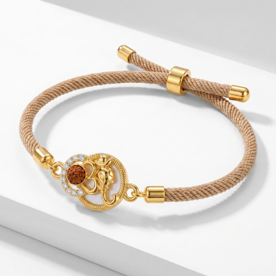 Om Ganesha Rudraksha Crystal Bracelet Beige Gold