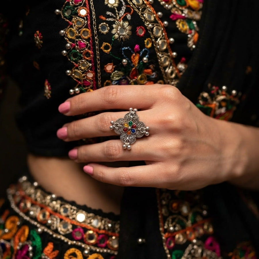 Rangoli Oxidised Floral Statement Ring