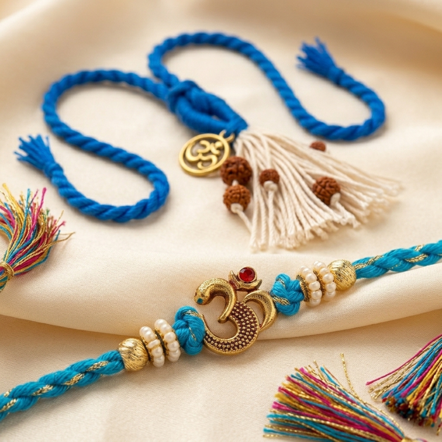 Om Pearl Rakhi & Blue Om Rudraksha Tassel Lumba Rakhi Set of 2