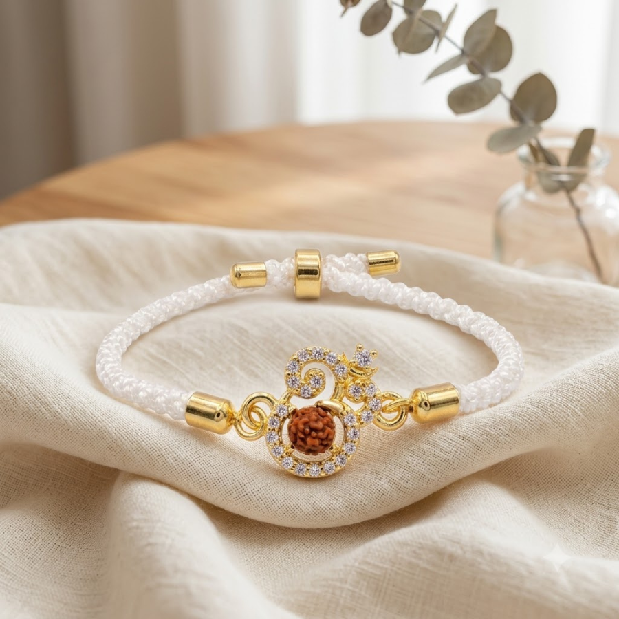 Premium Rudraksha Om Bracelet Rakhi (White)