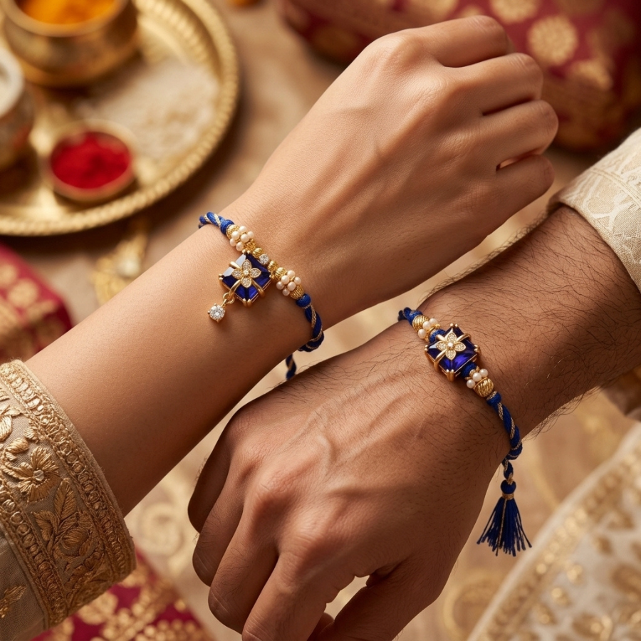 Royal Sapphire Floral Rakhi & Royal Sapphire Floral Lumba Rakhi Set of 2