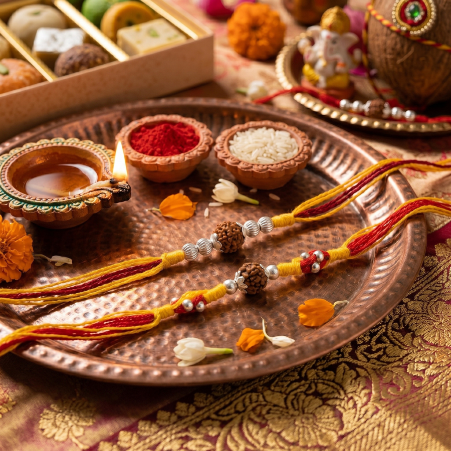 Rudraksha Silver Bead Rakhi Combo Set of 2